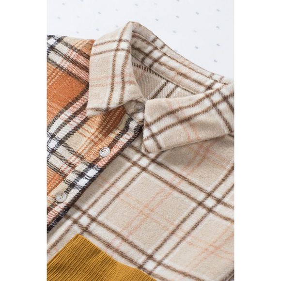 Azura Exchange  Orange Plaid Color Block Patchwork Shirt Jacket with Pocket - Picture 12 of 15